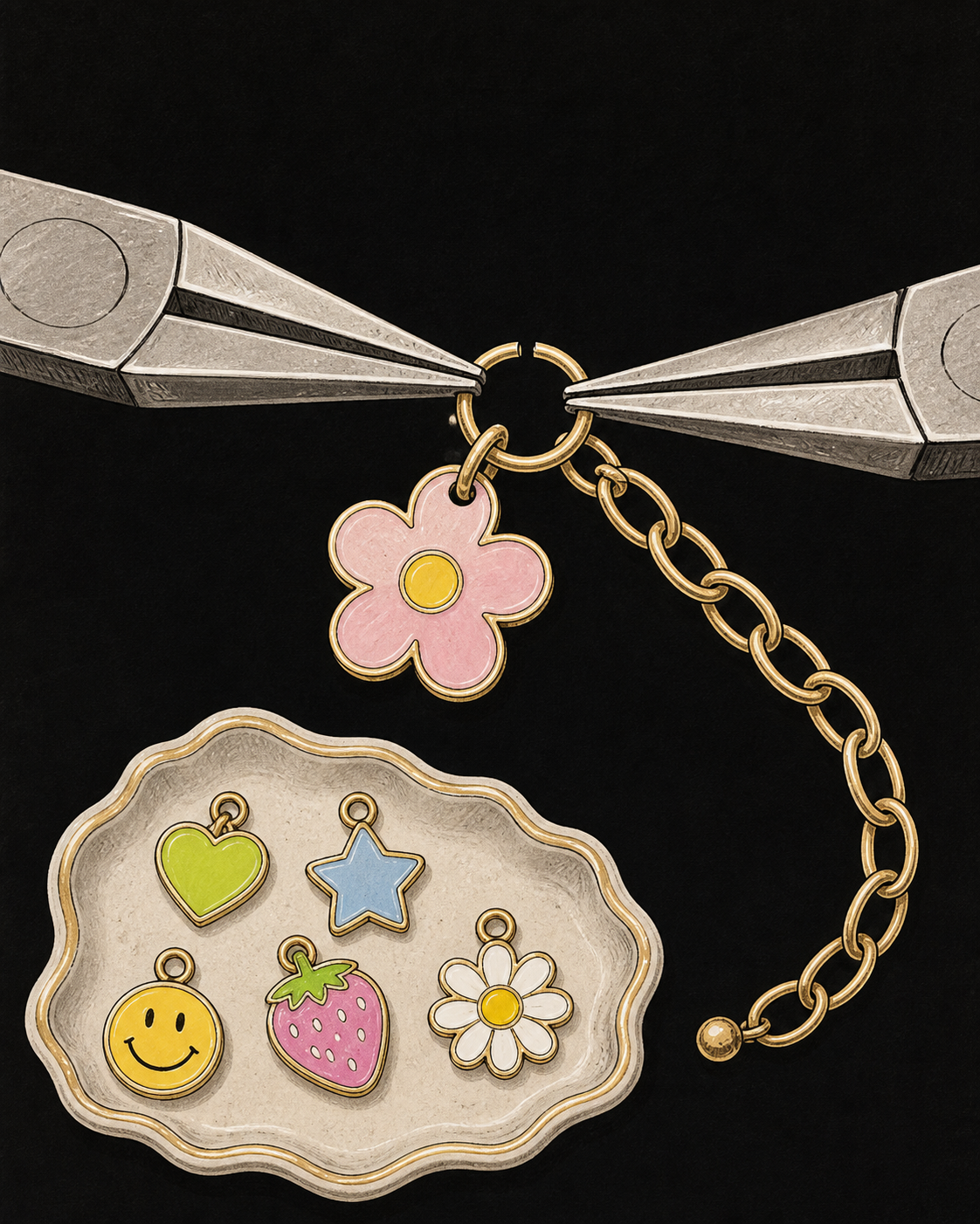 Two jewelry pliers opening a jump ring to attach a charm to a bracelet chain beside a tray of charms