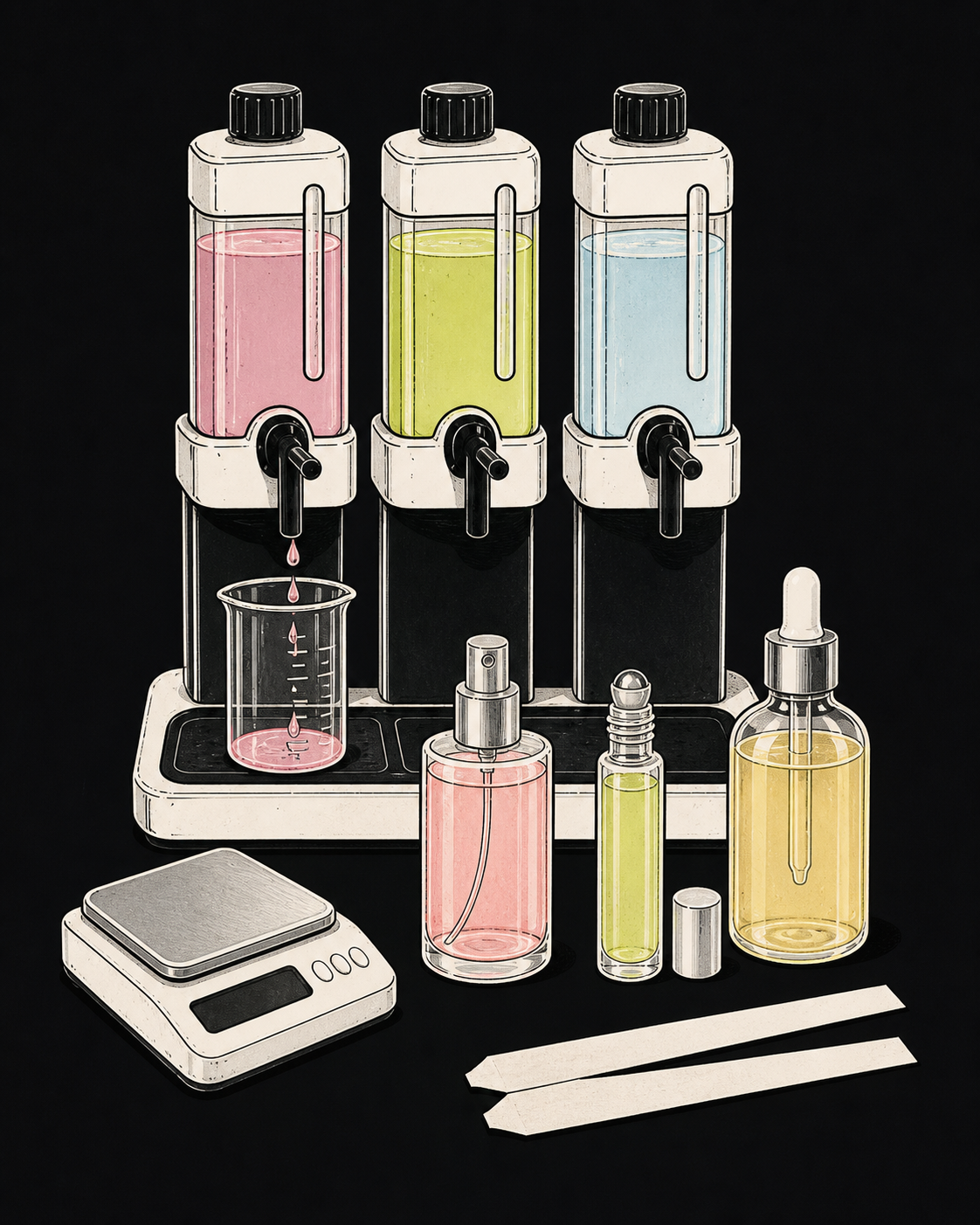 Fragrance dispensers, measuring tools, scent blotters, and finished perfume and body oil packaging